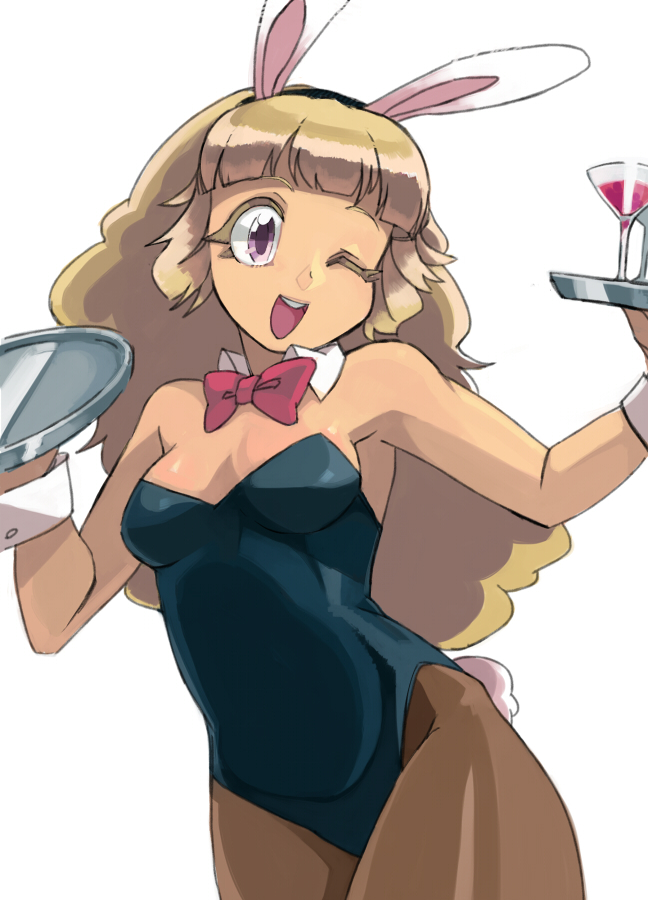 1girl, animal_ears, bad_id, bad_pixiv_id, breasts, brown_hair, cleavage, fake_animal_ears, female_focus, keroro_gunsou, lavie, long_hair, nekogasuki, one_eye_closed, pantyhose, playboy_bunny, rabbit_ears, rabbit_tail, rabi_(keroro_gunsou), solo, tail, wink, wrist_cuffs