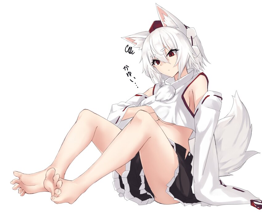 1girl, absurdres, animal_ear_fluff, animal_ears, bare_legs, barefoot, black_skirt, breasts
