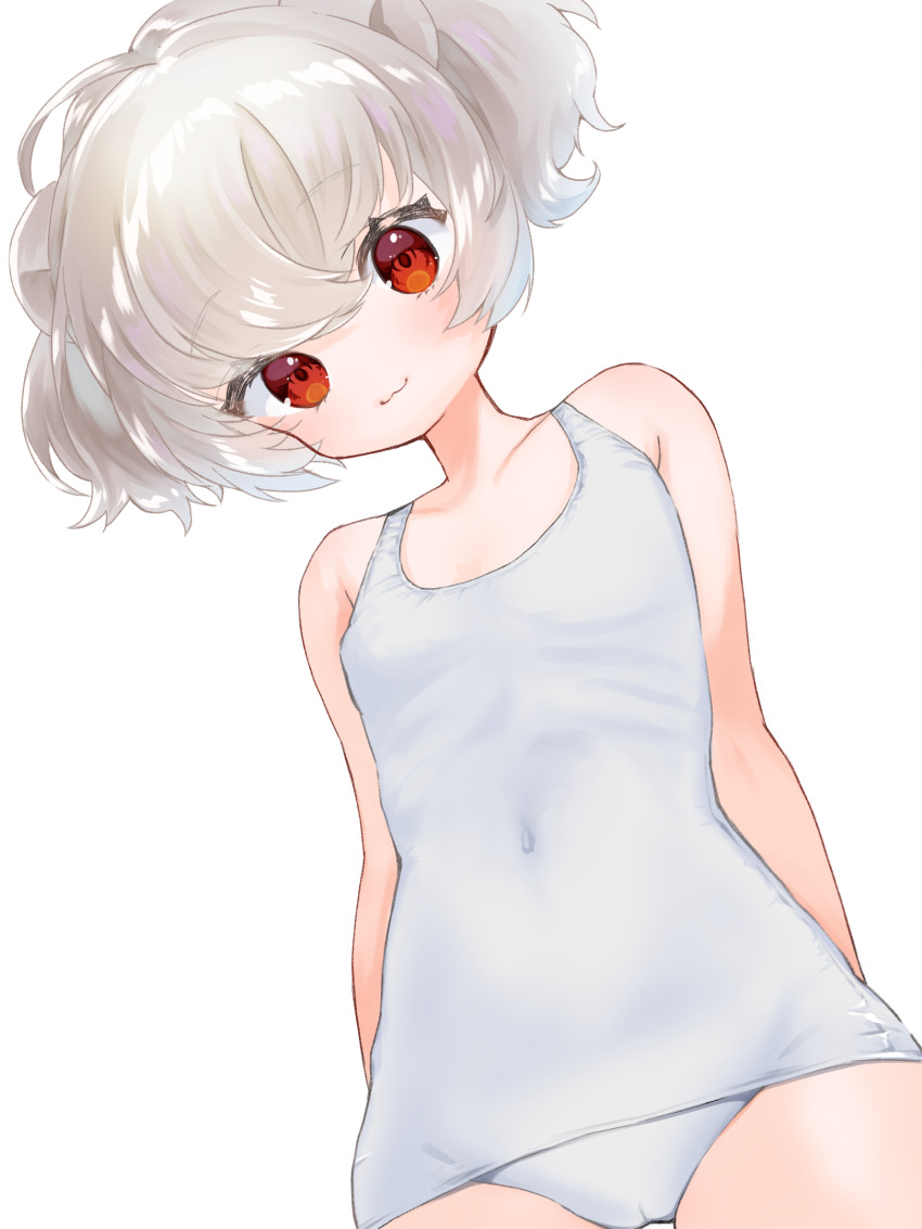 1girl, :3, animal_ears, arms_at_sides, arms_behind_back, bare_arms, bare_shoulders, breasts