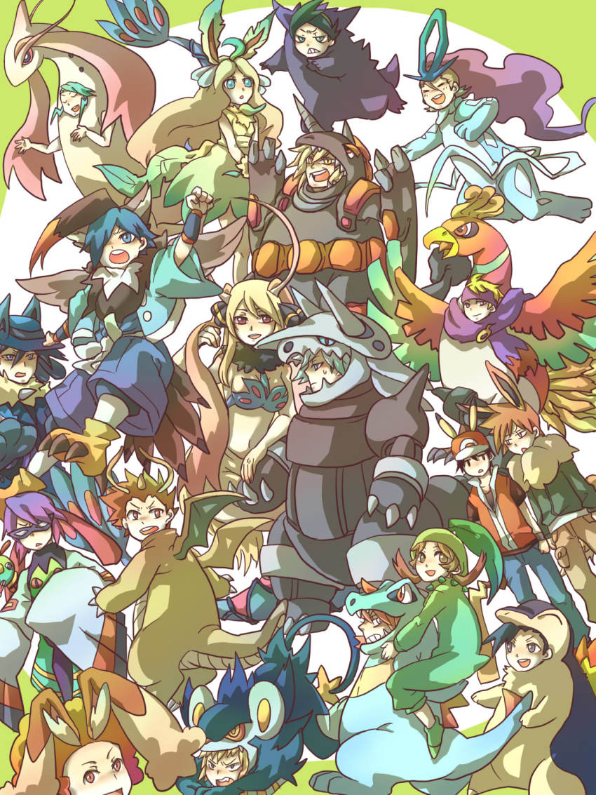 3girls, 6+boys, aggron, aggron_(cosplay), annoyed, bikini, bikini_top_only, blue_oak, caitlin_(pokemon), chikorita, chikorita_(cosplay), cosplay, cyndaquil, cyndaquil_(cosplay), cynthia_(pokemon), darach_(pokemon), dragonite, dragonite_(cosplay), eevee, eevee_(cosplay), elite_four, ethan_(pokemon), eusine_(pokemon), everyone, falkner_(pokemon), flint_(pokemon), frontier_brain, gen_1_pokemon, gen_2_pokemon, gen_3_pokemon, gen_4_pokemon, gengar, gengar_(cosplay), gline, gym_leader, highres, ho-oh, ho-oh_(cosplay), lance_(pokemon), leafeon, leafeon_(cosplay), legendary_pokemon, lopunny, lopunny_(cosplay), lucario, lucario_(cosplay), luxray, luxray_(cosplay), lyra_(pokemon), milotic, milotic_(cosplay), morty_(pokemon), multiple_boys, multiple_girls, natu, nejiki_(pokemnon), nintendo, palmer_(pokemon), pikachu, pikachu_(cosplay), pokemon, pokemon_diamond/pearl/platinum, pokemon_gold/silver/crystal, pokemon_heartgold_and_soulsilver, pokemon_platinum, red_(pokemon), rhyperior, rhyperior_(cosplay), riley_(pokemon), saburou_(carocu), silver_(pokemon), staraptor, staraptor_(cosplay), starter_pokemon_trio, steven_stone, suicune, suicune_(cosplay), swimsuit, thorton_(pokemon), totodile, totodile_(cosplay), volkner_(pokemon), wallace_(pokemon), will_(pokemon), xatu, xatu_(cosplay)