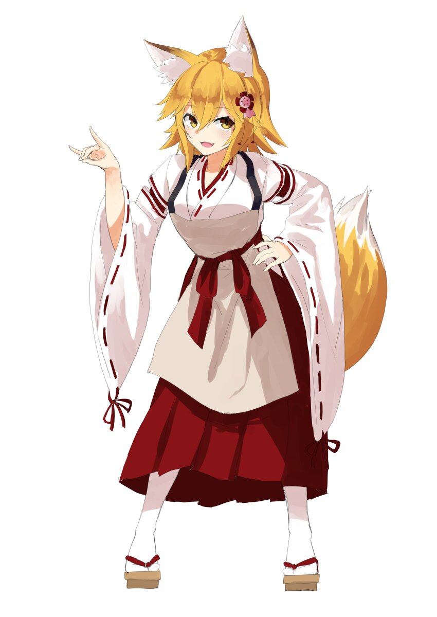 1girl, absurdres, animal_ear_fluff, animal_ears, apron, blonde_hair, blush, commentary_request, fang, flower, fox_ears, fox_girl, fox_shadow_puppet, fox_tail, full_body, geta, hair_between_eyes, hair_flower, hair_ornament, hakama, hand_on_own_hip, highres, iwashi_(nisankatanso), japanese_clothes, kimono, looking_at_viewer, miko, open_mouth, red_hakama, ribbon-trimmed_kimono, ribbon-trimmed_sleeves, ribbon_trim, senko_(sewayaki_kitsune_no_senko-san), sewayaki_kitsune_no_senko-san, short_hair, simple_background, skin_fang, smile, socks, solo, standing, tail, white_apron, white_background, white_socks, wide_sleeves, yellow_eyes