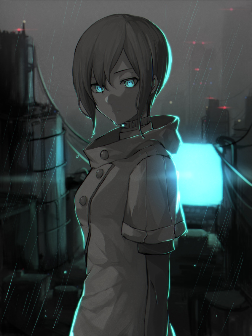 accessory_(freedom_wars), blue_eyes, blue_light, building, coat, freedom_wars, highres, rain