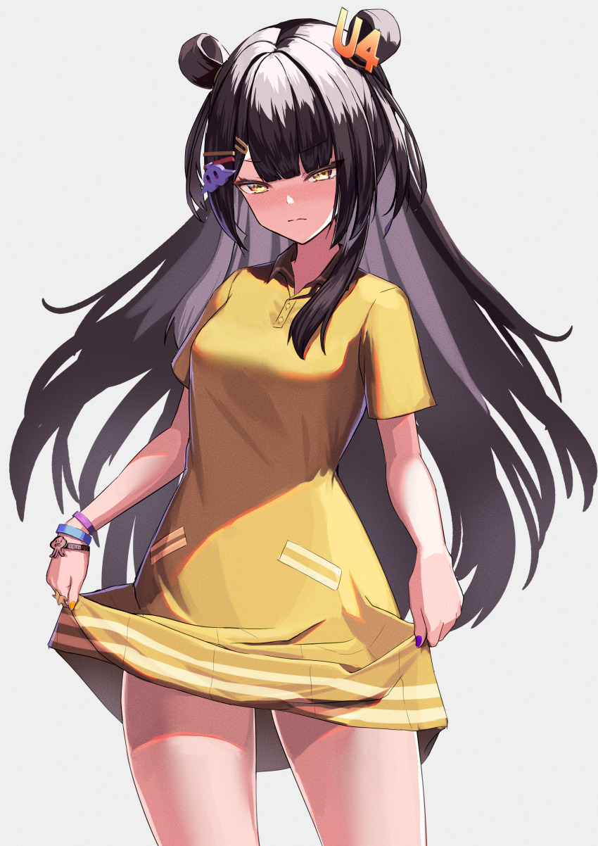 1girl, absurdres, ami_no_fuda, black_hair, blunt_bangs, blush, clothes_lift, collared_dress