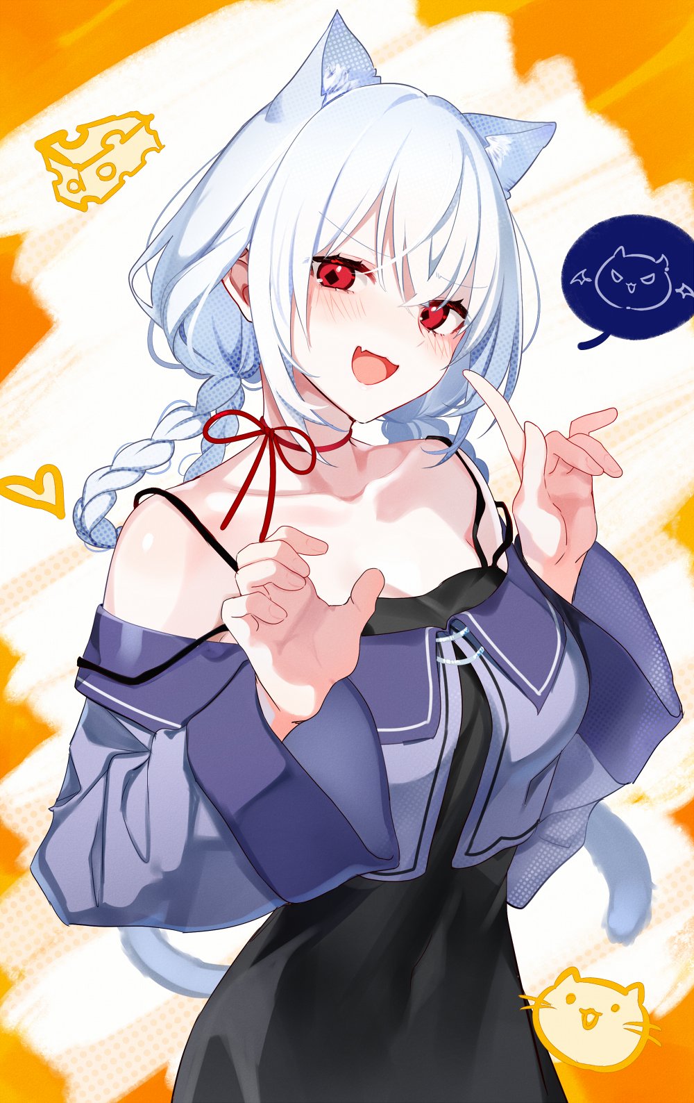 1girl, :3, animal_ears, bare_shoulders, black_dress, braid, braided_hair_rings, cat_ears