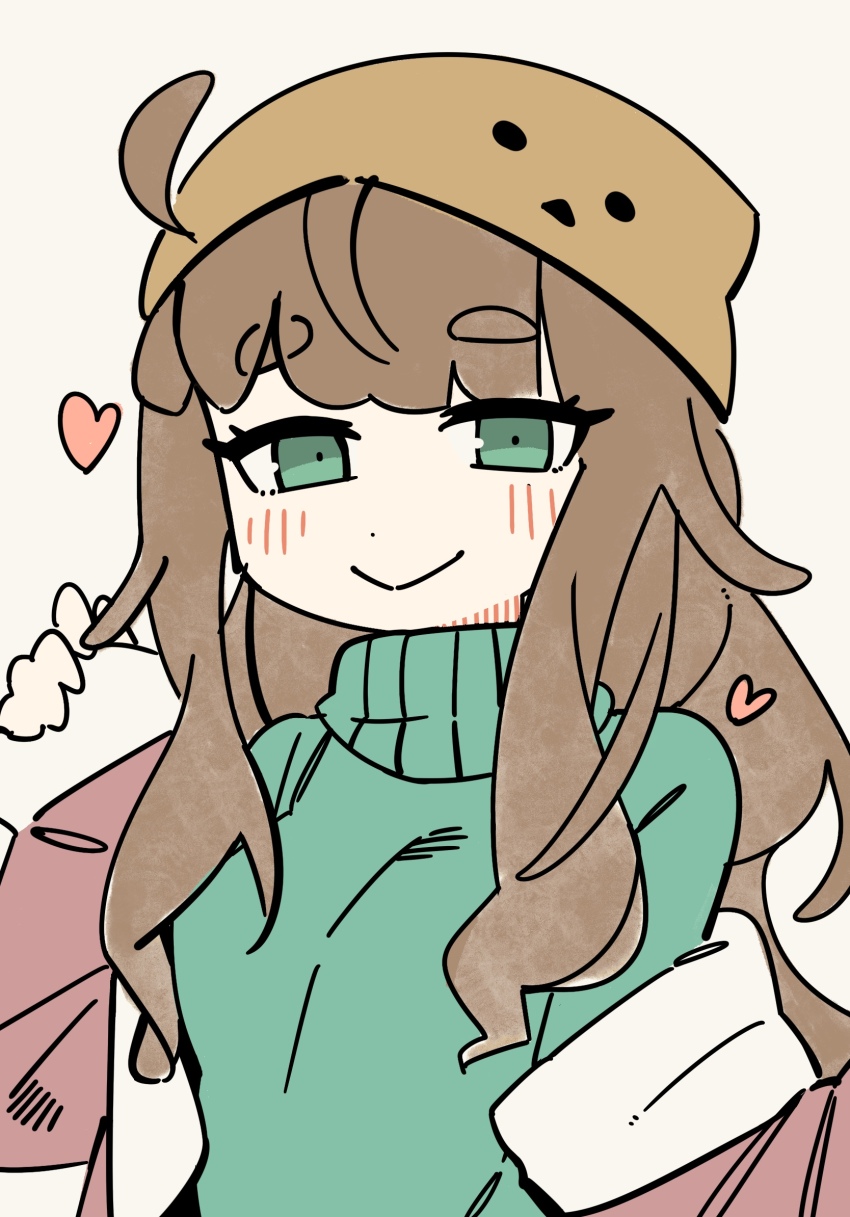 1boy, :>, a.i._voice, ahoge, beanie, blush, breasts, brown_hair, brown_hat, coat, commentary, green_eyes, green_sweater, half-closed_eyes, hat, heart, highres, inemuri_(jdq5e), kurita_maron, long_hair, long_sleeves, looking_at_viewer, medium_breasts, niconico, open_clothes, open_coat, pink_coat, raised_eyebrows, removing_coat, simple_background, solo, sweater, thick_eyebrows, trap, turtleneck, turtleneck_sweater, upper_body, wavy_hair, white_background