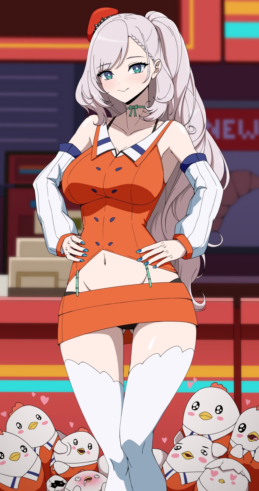 1girl, absurdres, black_panties, blue_nails, blush, braid, braided_bangs, breasts