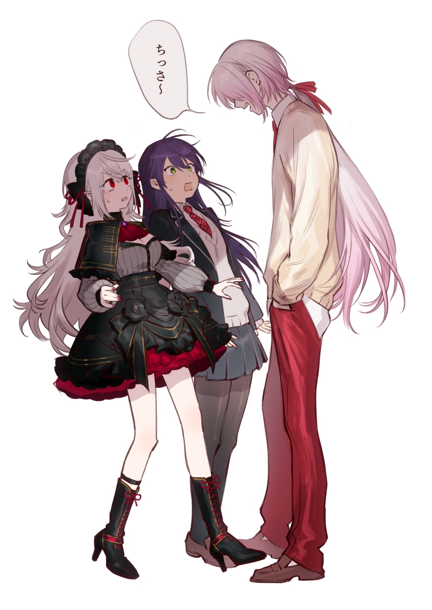 1boy, 2girls, absurdres, ascot, black_footwear, black_headdress, black_pantyhose, black_skirt