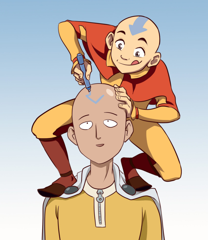 2boys, :p, aang, avatar:_the_last_airbender, avatar_legends, bald, bodysuit, cape, closed_mouth, commentary, crossover, english_commentary, hairstyle_connection, hand_on_another's_head, highres, jumpsuit, male_focus, multiple_boys, one-punch_man, open_mouth, pen, red_cape, saitama_(one-punch_man), smile, tanya-buka, tattoo, tongue, tongue_out, white_cape, yellow_bodysuit, yellow_jumpsuit