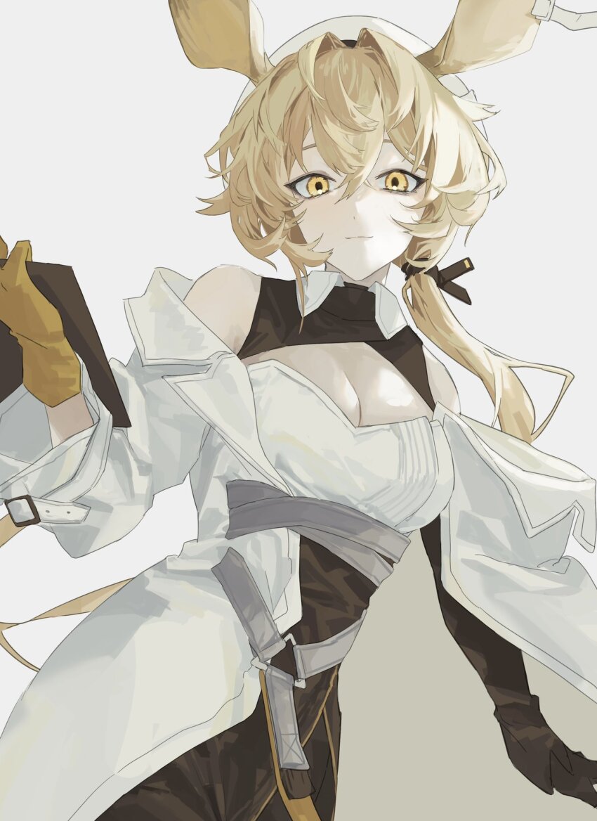 1girl, animal_ears, arknights, asymmetrical_gloves, beret, black_gloves, blonde_hair, breasts