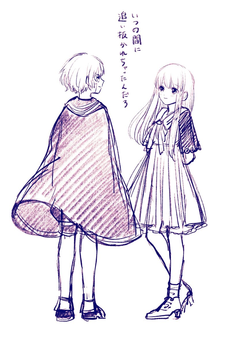 1boy, 1girl, aged_up, alternate_universe, arms_behind_back, blush, cloak, commentary_request