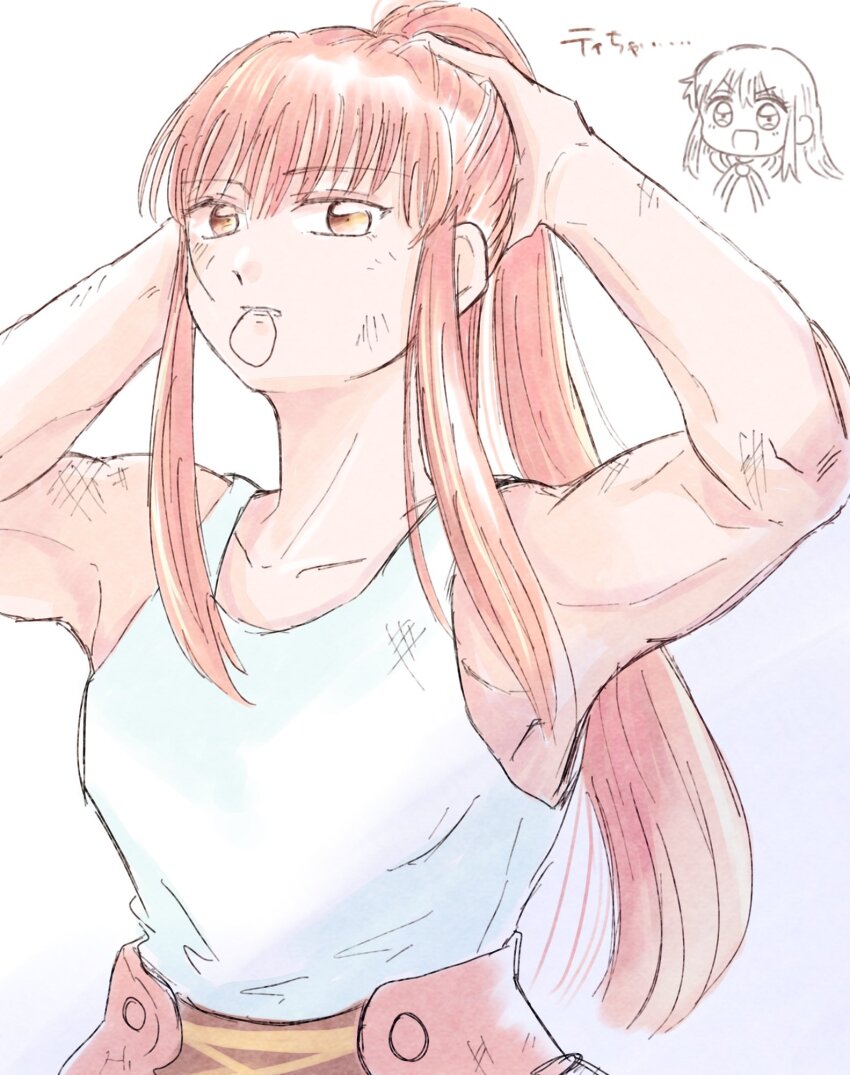 1girl, :d, age_comparison, arms_up, ayu_(1119_kzem), bare_shoulders, biceps, bow