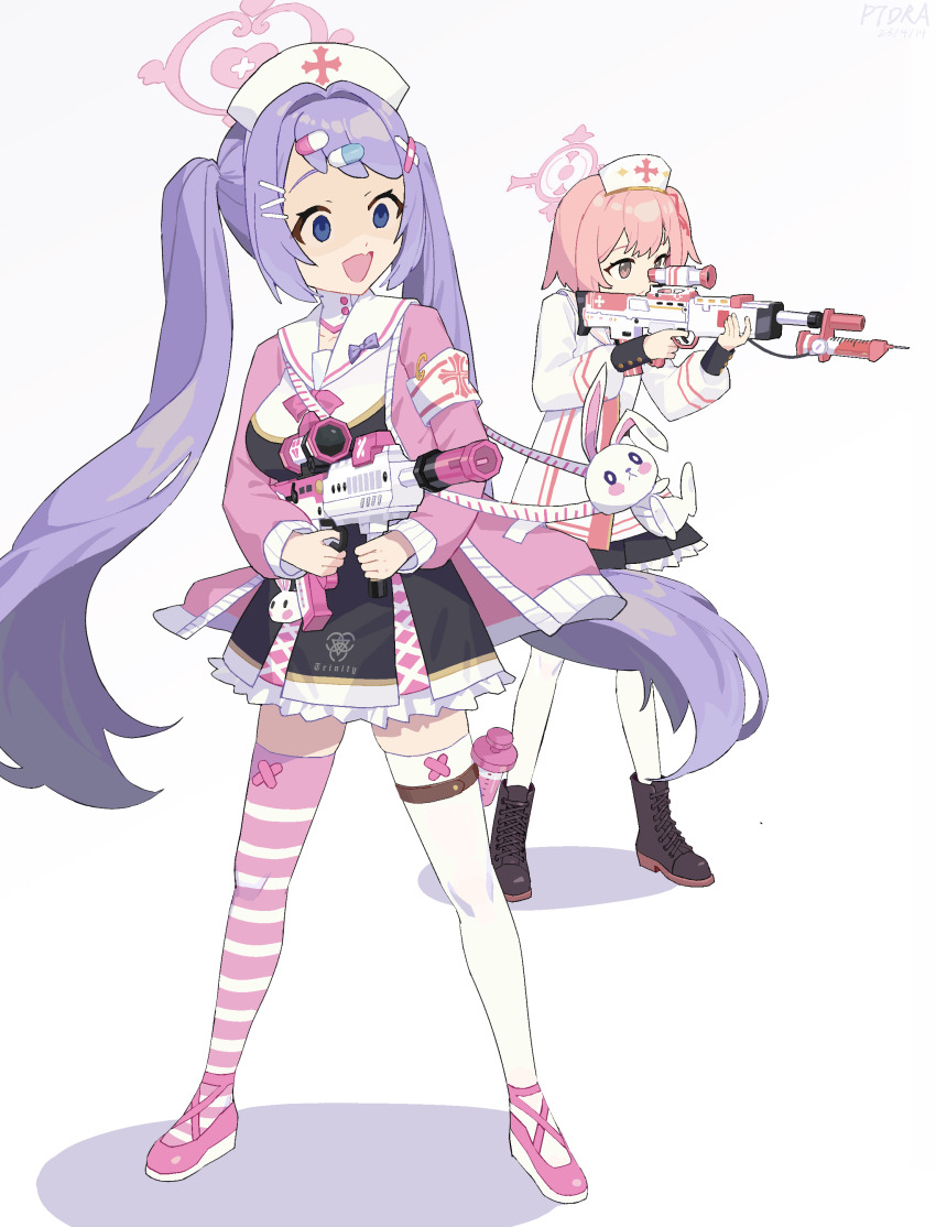 2girls, absurdres, aiming, alternate_hair_color, armband, bandaid, bandaid_hair_ornament, blue_archive