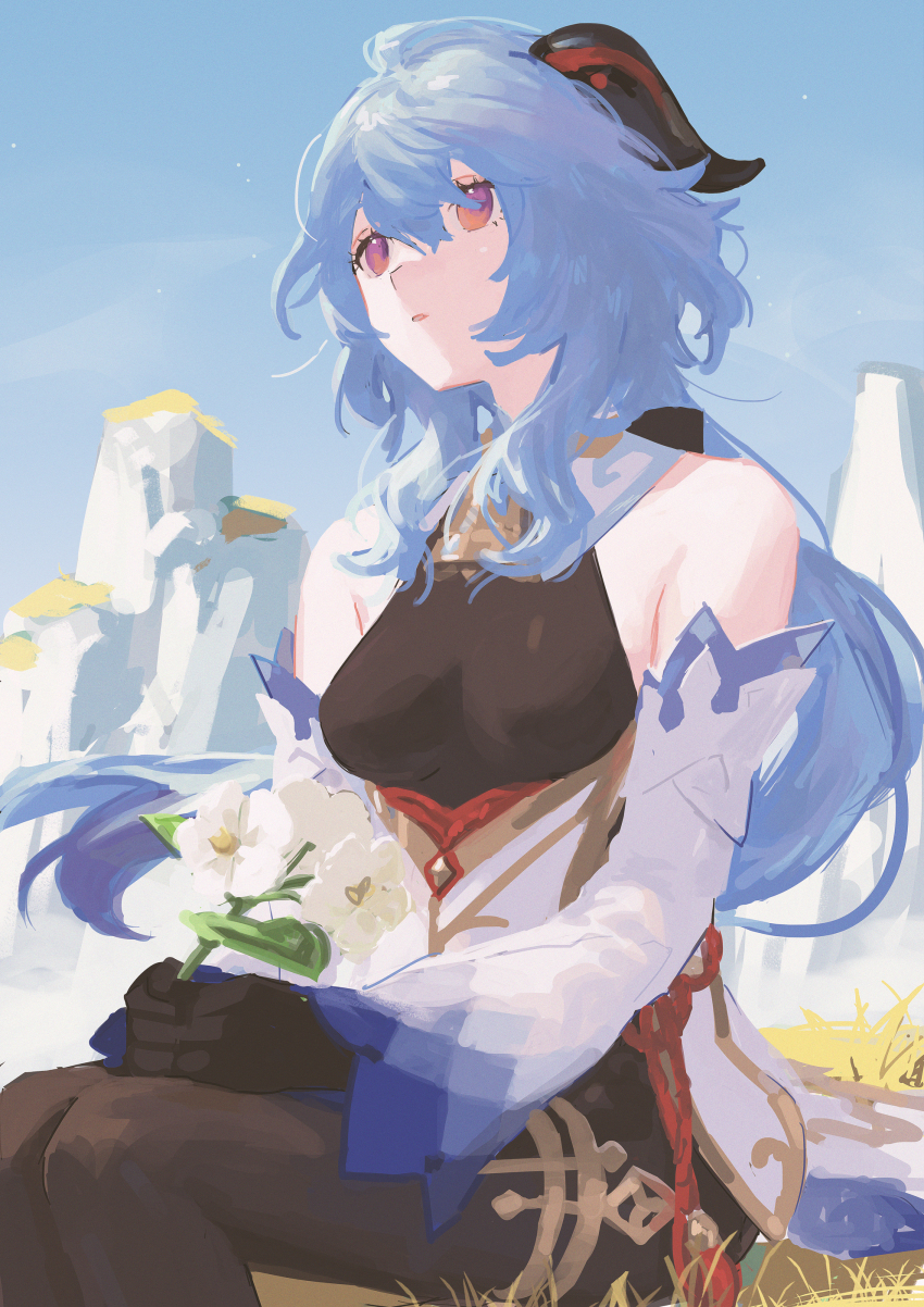 1girl, absurdres, bare_shoulders, bell, black_bodysuit, black_gloves, blue_hair, bodysuit