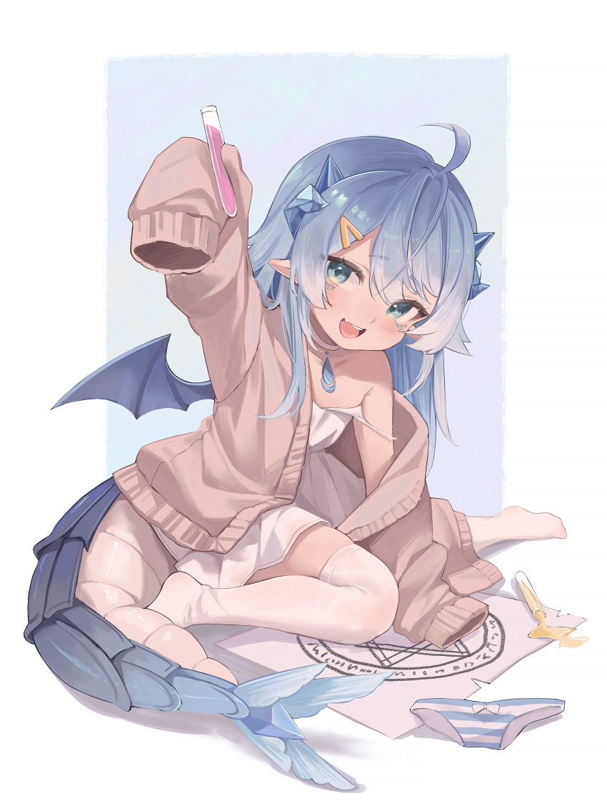 1girl, absurdres, ahoge, aqua_eyes, blue_hair, chibi, choker, dragon_tail