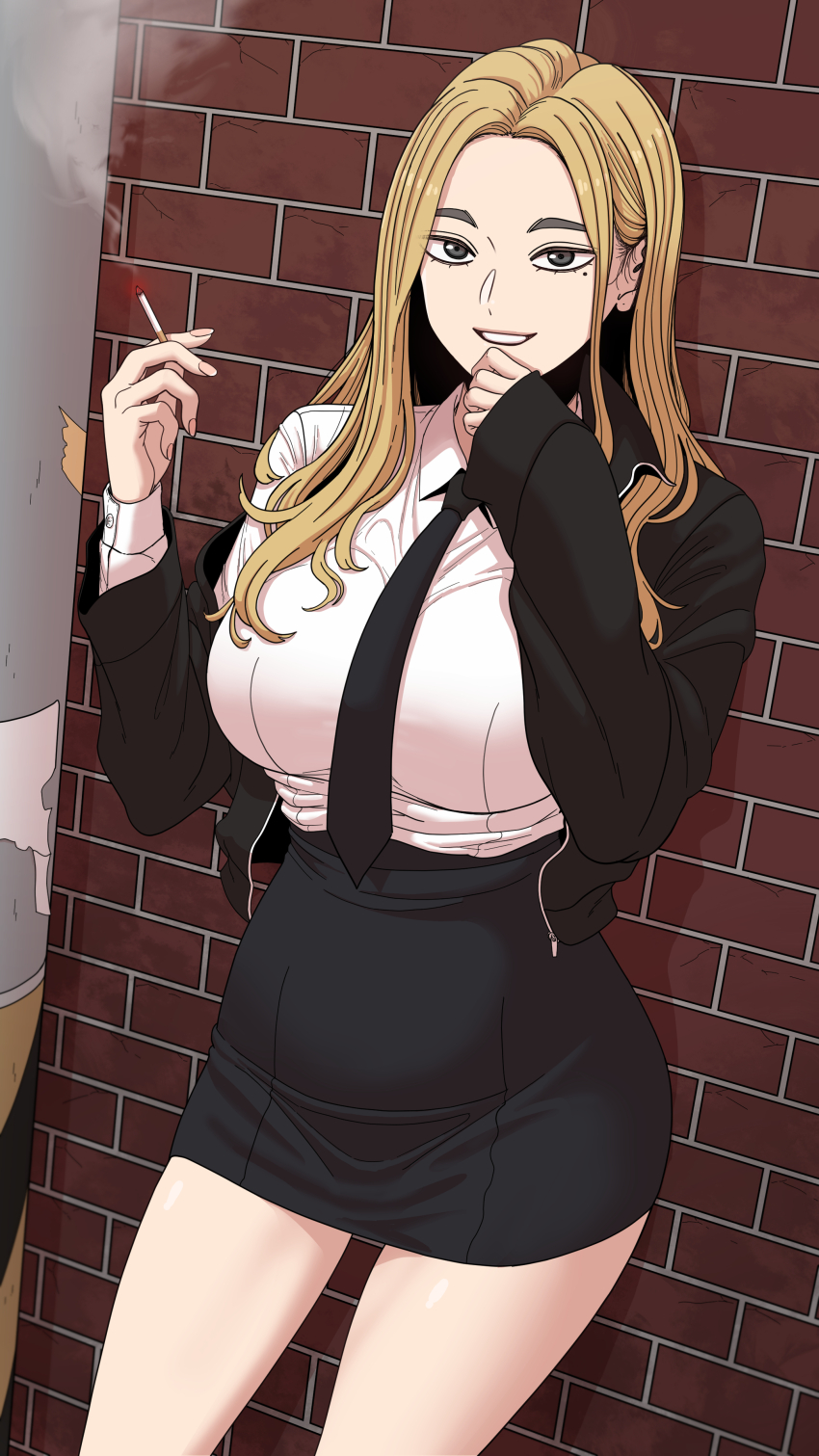 1girl, absurdres, beautiful_gunbari, black_necktie, black_skirt, blonde_hair, breasts, brick_wall, cho_ye-ryeong, gwanak, hands_up, highres, large_breasts, long_hair, long_sleeves, looking_at_viewer, mole, mole_under_eye, necktie, outdoors, school_uniform, shirt, skirt, smile, smoking, solo, white_shirt