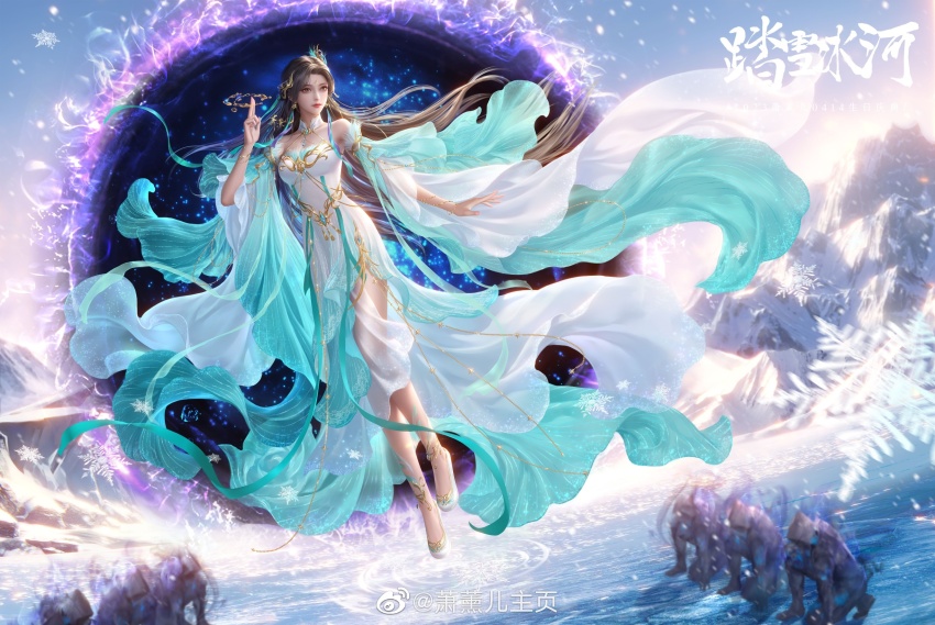 1girl, anklet, brown_hair, detached_sleeves, doupo_cangqiong, dress, facial_mark, fan_xiu_fx