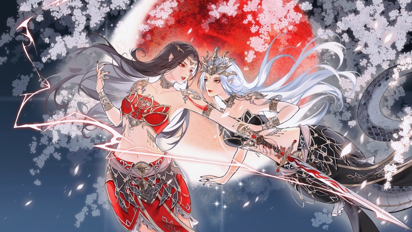 2girls, absurdres, bare_legs, black_hair, black_tank_top, cai_lin_(doupo_cangqiong), cha_ye_zi, dark_persona, doupo_cangqiong, dual_persona, flower, highres, holding, holding_another's_arm, holding_sword, holding_weapon, jewelry, lamia, monster_girl, moon, multiple_girls, night, parted_lips, pointy_ears, red_eyes, red_lightning, red_moon, red_tank_top, second-party_source, sword, tank_top, teeth, weapon, white_flower, white_hair