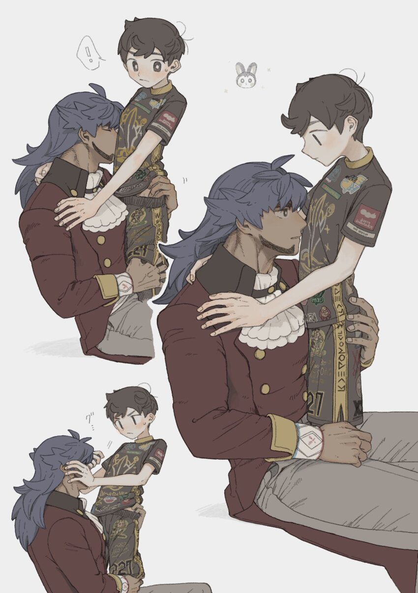 !, 2boys, age_difference, brown_eyes, brown_hair, champion_uniform, commentary_request, couple