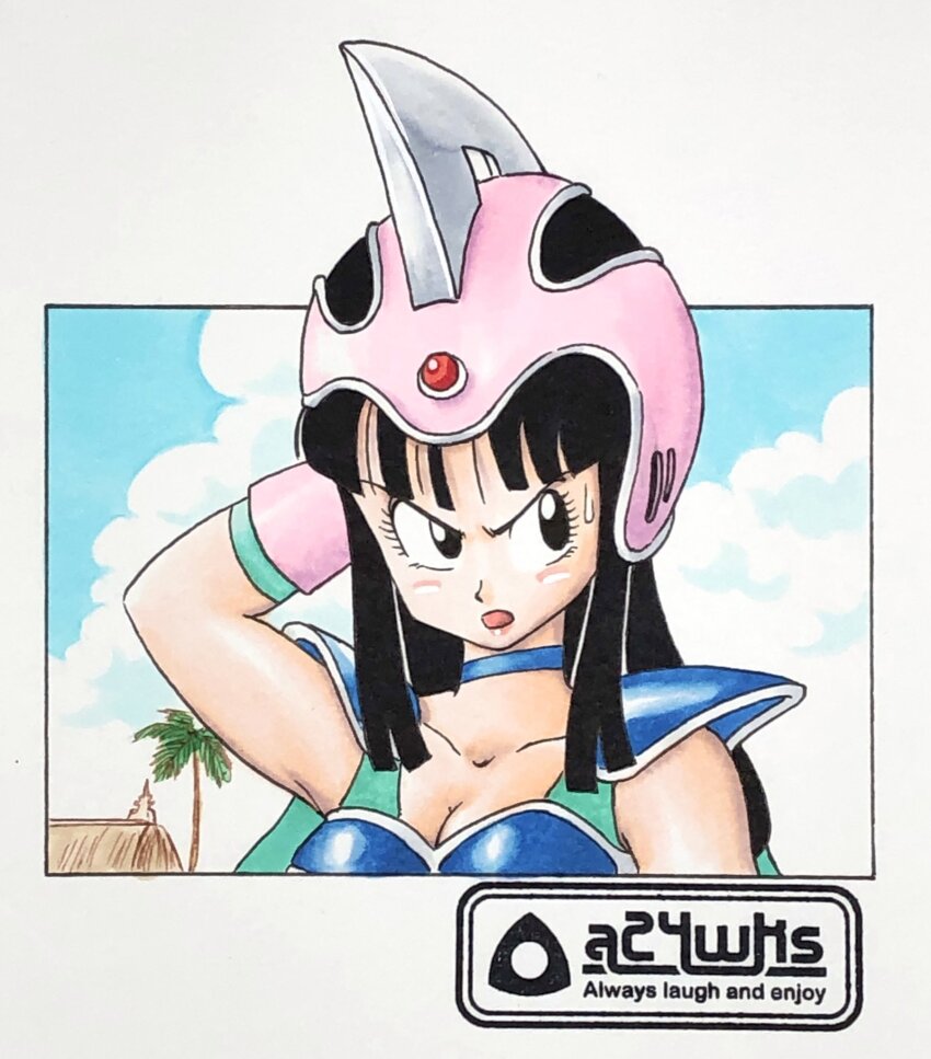 1girl, a24wks, armor, artist_logo, bikini_armor, black_eyes, black_hair, blue_choker, breasts, cape, chi-chi_(dragon_ball), choker, cleavage, cloud, collarbone, commentary_request, dragon_ball, dragon_ball_(classic), furrowed_brow, green_cape, helmet, highres, hime_cut, logo, marker_(medium), medium_breasts, official_style, palm_tree, pink_headwear, portrait, shoulder_armor, sidelocks, signature, solo, sweatdrop, toriyama_akira_(style), traditional_media, tree