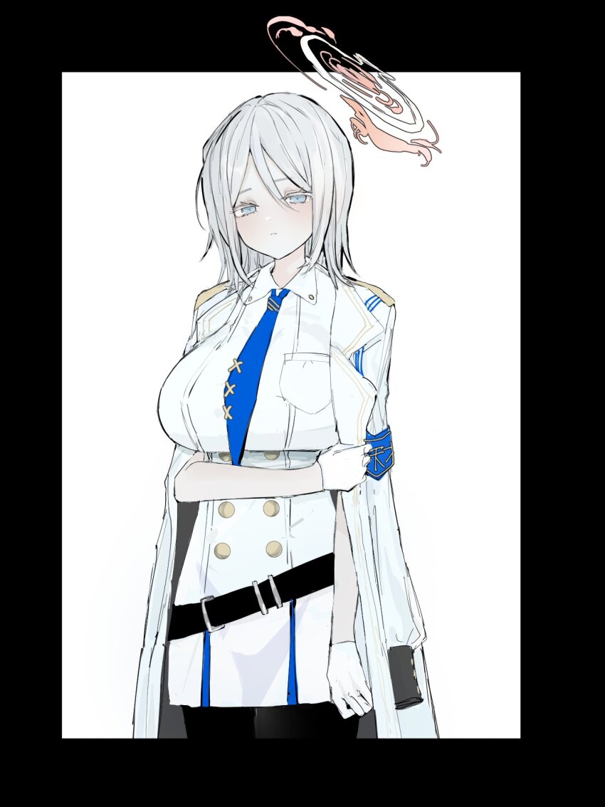 1girl, alternate_costume, armband, belt_buckle, blue_archive, blue_armband, blue_eyes, blue_necktie