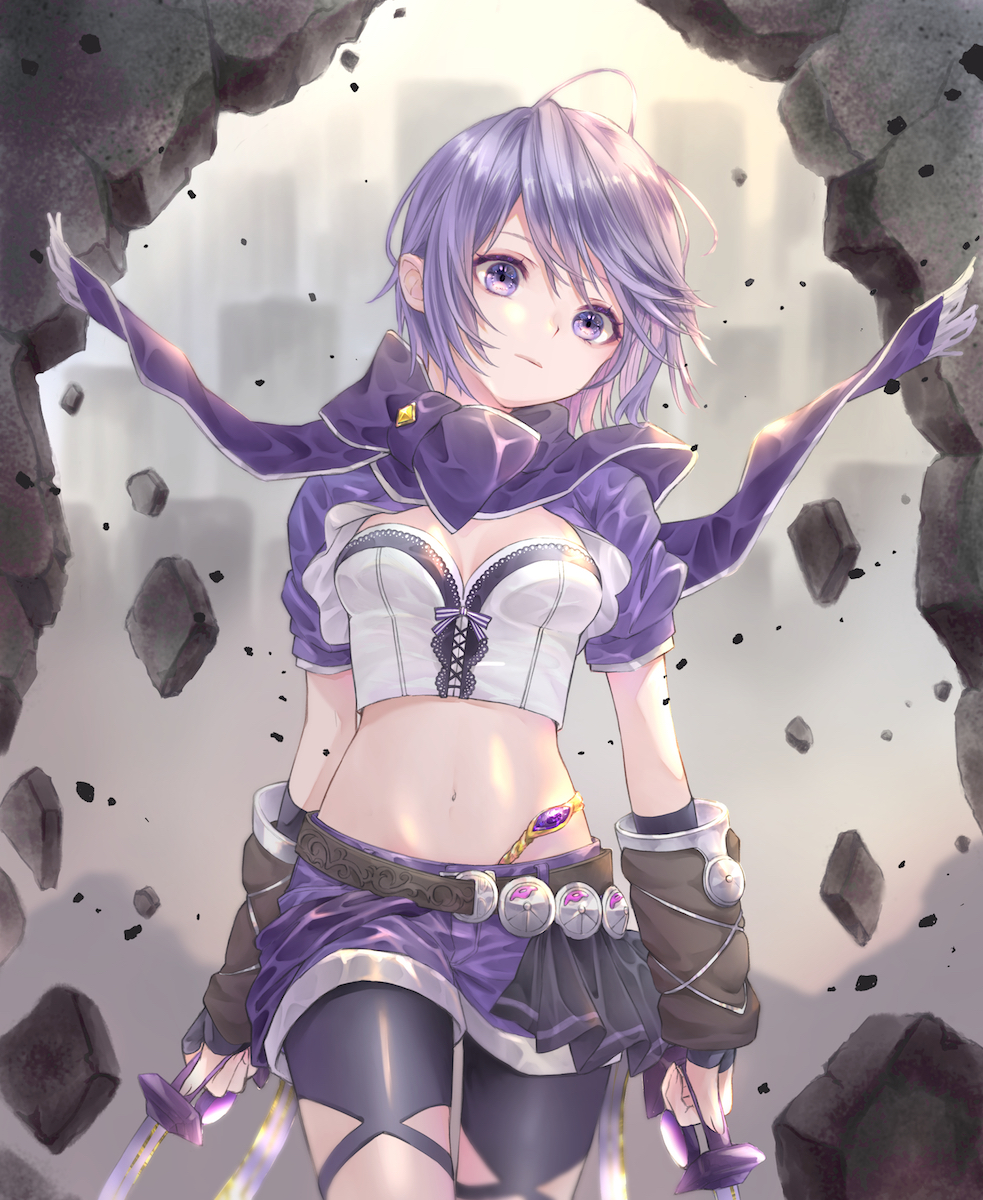 1girl, :/, ahoge, arm_guards, arms_at_sides, belt, black_gloves, bow