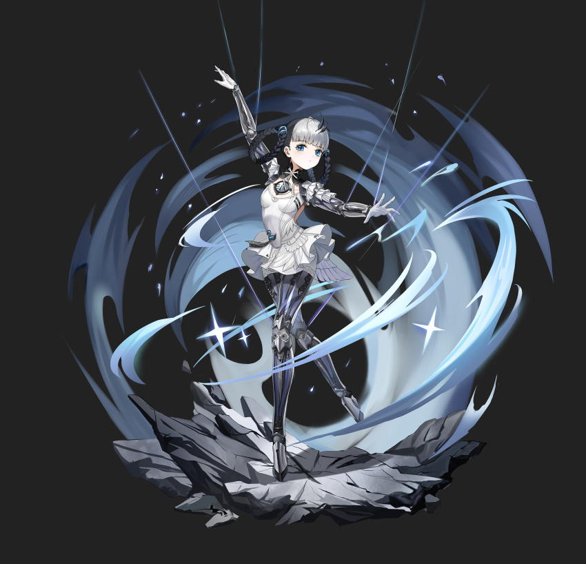 1girl, absurdres, ahoge, bambinata:_vitrum_(swan_lake)_(pgr), bambinata_(pgr), black_hair, blue_eyes, braid, closed_mouth, dancing, doll_joints, dress, feather_hair_ornament, feathers, hair_ornament, highres, joints, keyhole, mechanical_arms, mechanical_legs, multicolored_hair, punishing:_gray_raven, twin_braids, twintails, two-tone_hair, user_vjez2775, white_dress, white_hair