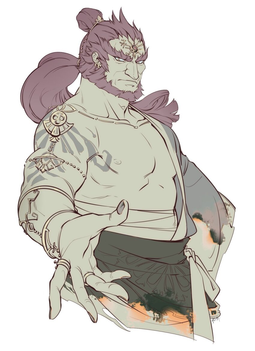 1boy, alternate_pectoral_size, armlet, bare_pectorals, beard, beckoning, burning_clothes, collarbone