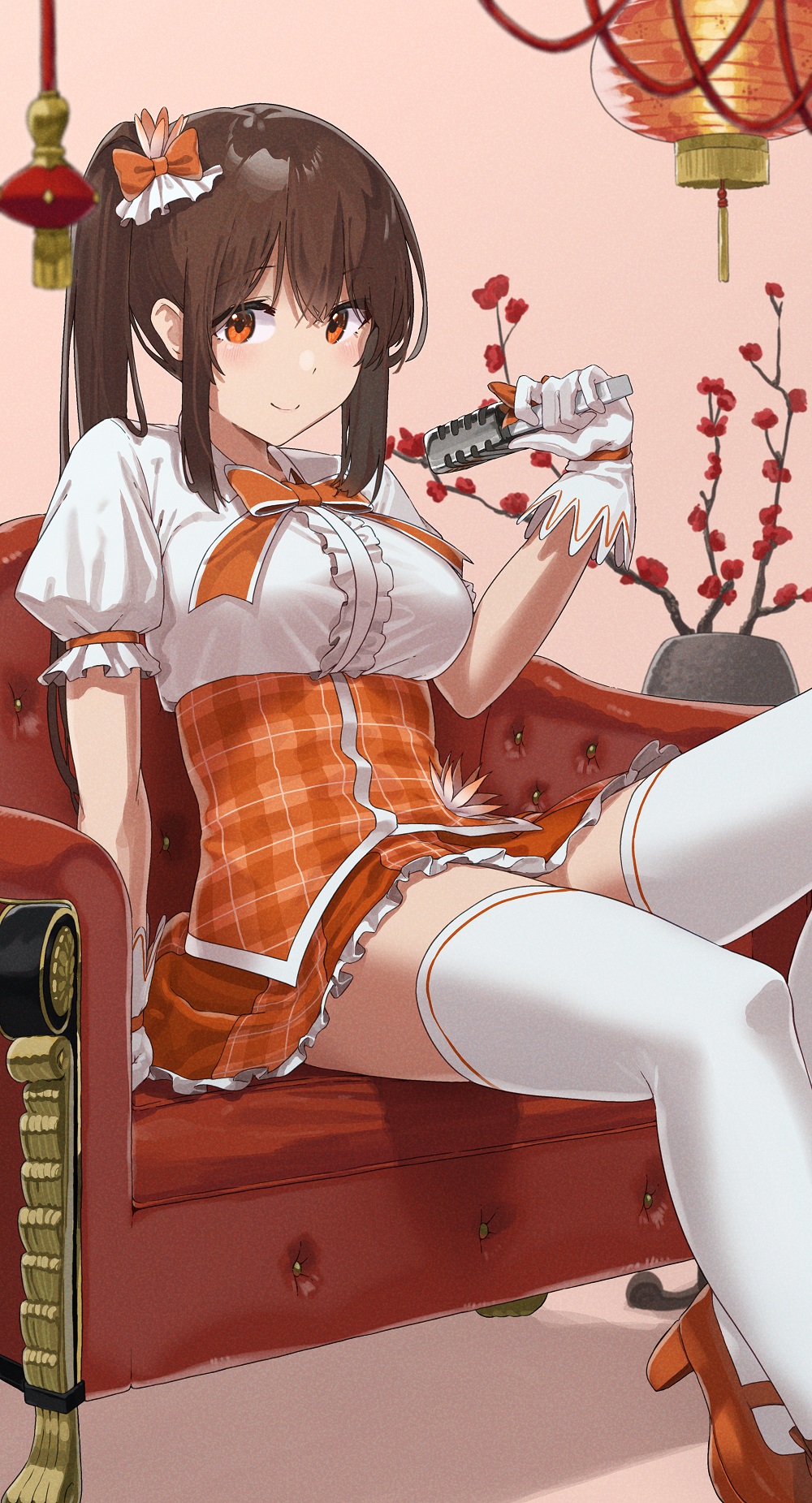 1girl, arm_at_side, armchair, blush, bow, brown_hair, center_frills, chair