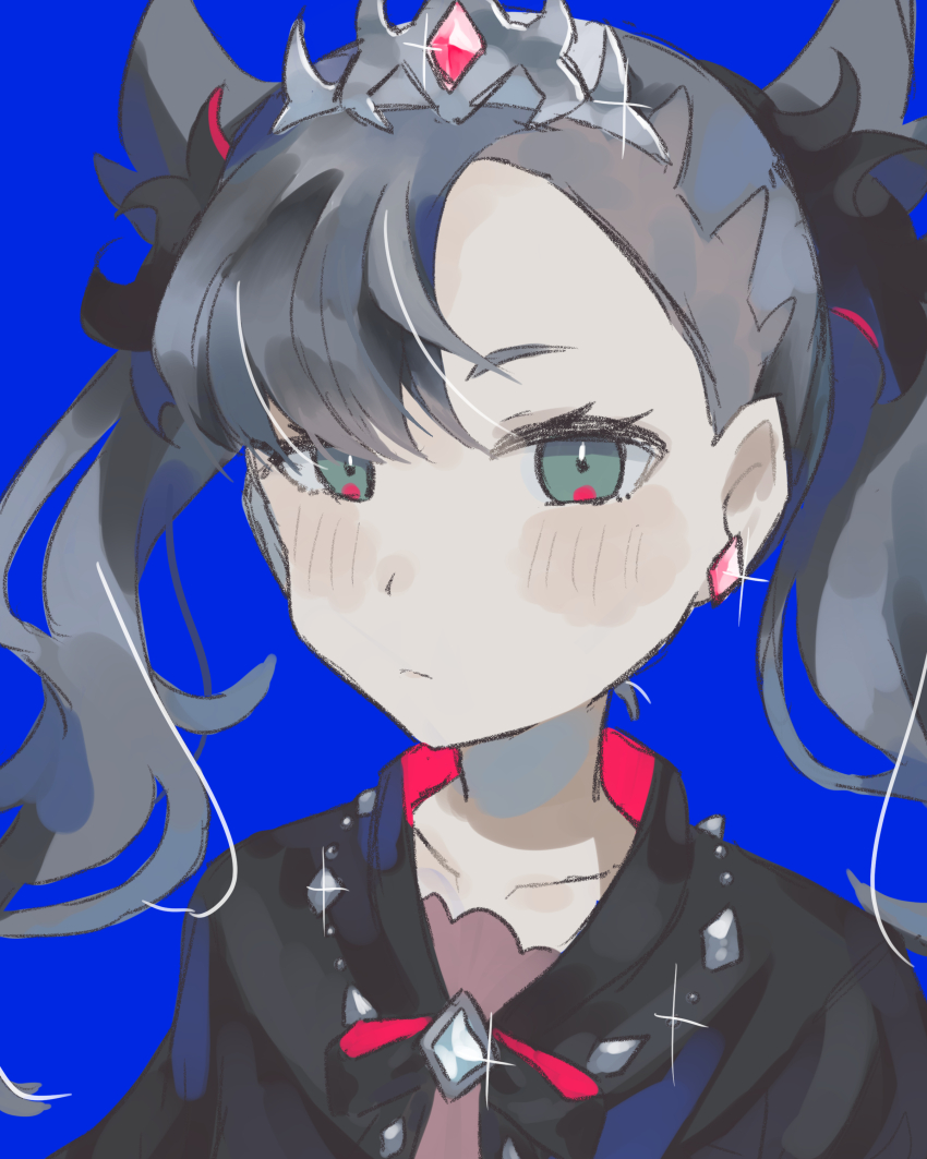 1girl, absurdres, asymmetrical_bangs, black_cloak, black_hair, blue_background, blush, brooch