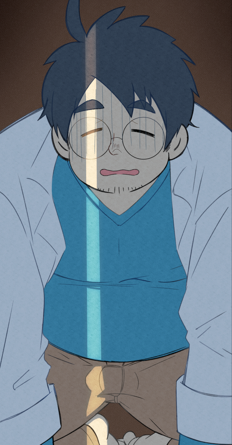 1boy, bara, belly, crack_of_light, facial_hair, fat, fat_man, goatee, grey_hair, highres, kneeling, lab_coat, male_focus, professor_neroli, nintendo, pectorals, peeking, pokemon, pokemon_sleep, ragi_san_(ononokomachiimo), round_eyewear, short_hair, sideburns, solo, stubble, turn_pale, wavy_hair