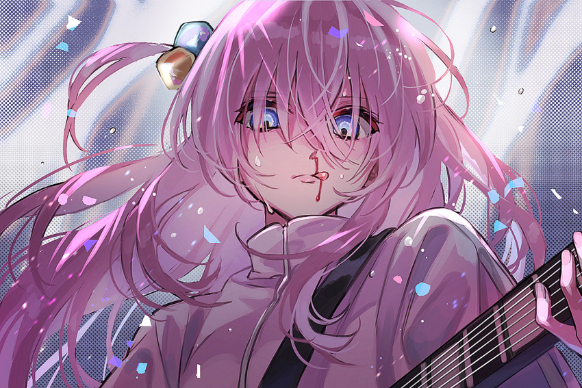 1girl, abstract_background, blood, blue_eyes, bocchi_the_rock!, closed_eyes, commentary, confetti, cube_hair_ornament, electric_guitar, empty_eyes, floating_hair, frown, glowing, glowing_eyes, gotoh_hitori, guitar, hair_bobbles, hair_ornament, halftone, halftone_background, hand_up, high_collar, holding, holding_instrument, instrument, jacket, jeonjagolhaem, licking_blood, light_particles, lips, long_bangs, long_hair, looking_at_viewer, looking_down, nosebleed, one_side_up, pink_hair, pink_jacket, portrait, shoulder_strap, solo, sweat, track_jacket, zipper