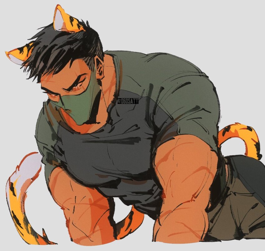 1boy, all_fours, animal_ears, bara, black_hair, brown_pants, call_of_duty, call_of_duty:_modern_warfare_2, covered_abs, cropped_legs, dark-skinned_male, dark_skin, frown, highres, horangi_(modern_warfare_2), kemonomimi_mode, large_pectorals, male_focus, mask, mouth_mask, muscular, muscular_male, pants, pectorals, satt_(06satt), scar, scar_on_arm, scar_on_face, scar_on_forehead, scar_on_neck, scars_all_over, shirt, short_hair, sideburns, solo, tail, tiger_boy, tiger_ears, tiger_tail, tight_clothes, tight_shirt, too_many