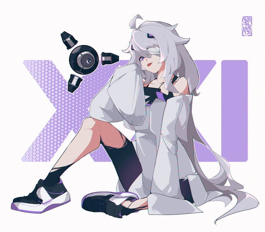 1girl, absurdres, ahoge, bandage_over_one_eye, detached_sleeves, dress, grey_dress, grey_eyes