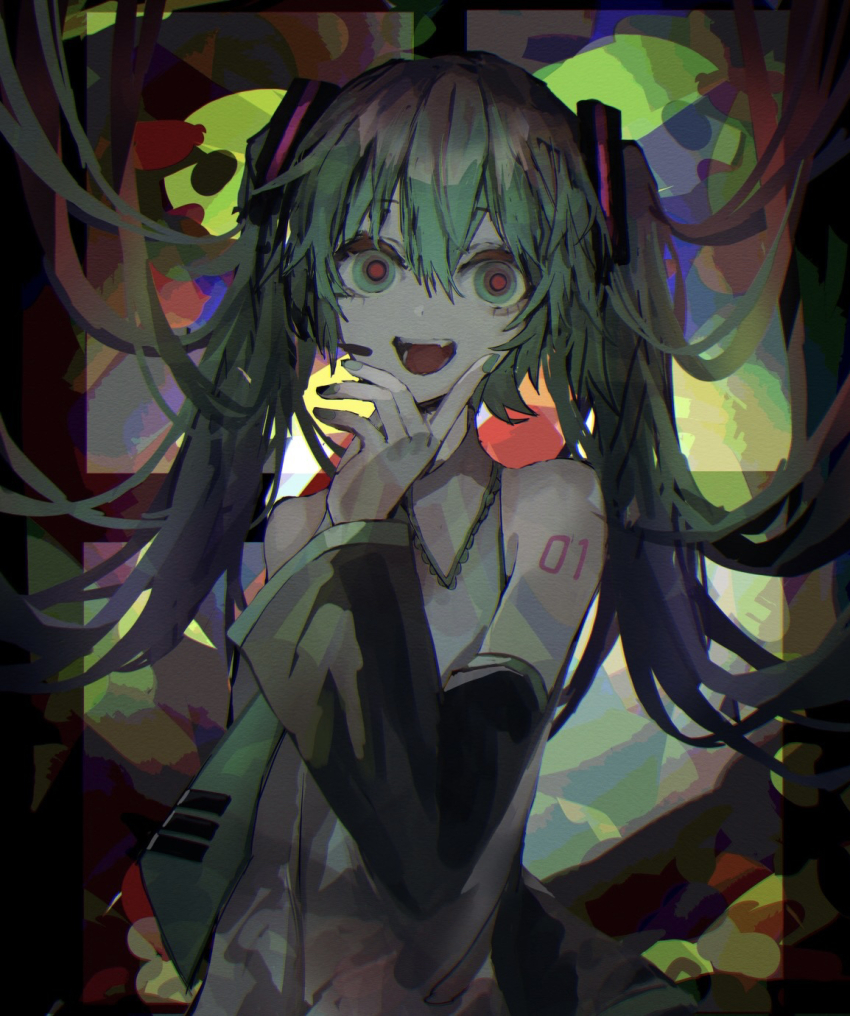 1girl, abstract_background, alternate_eye_color, aqua_eyes, aqua_hair, aqua_nails, aqua_necktie, arm_behind_back, bare_shoulders, brown_eyes, commentary, crazy_smile, detached_sleeves, empty_eyes, grey_shirt, hair_ornament, hand_on_own_chin, hand_up, hatsune_miku, hidariri, highres, index_finger_raised, long_hair, looking_at_viewer, microphone, multicolored_eyes, necktie, number_tattoo, raised_eyebrows, red_pupils, shirt, shoulder_tattoo, sleeveless, sleeveless_shirt, smile, solo, tattoo, tie_clip, twintails, upper_body, very_long_hair, vocaloid, window