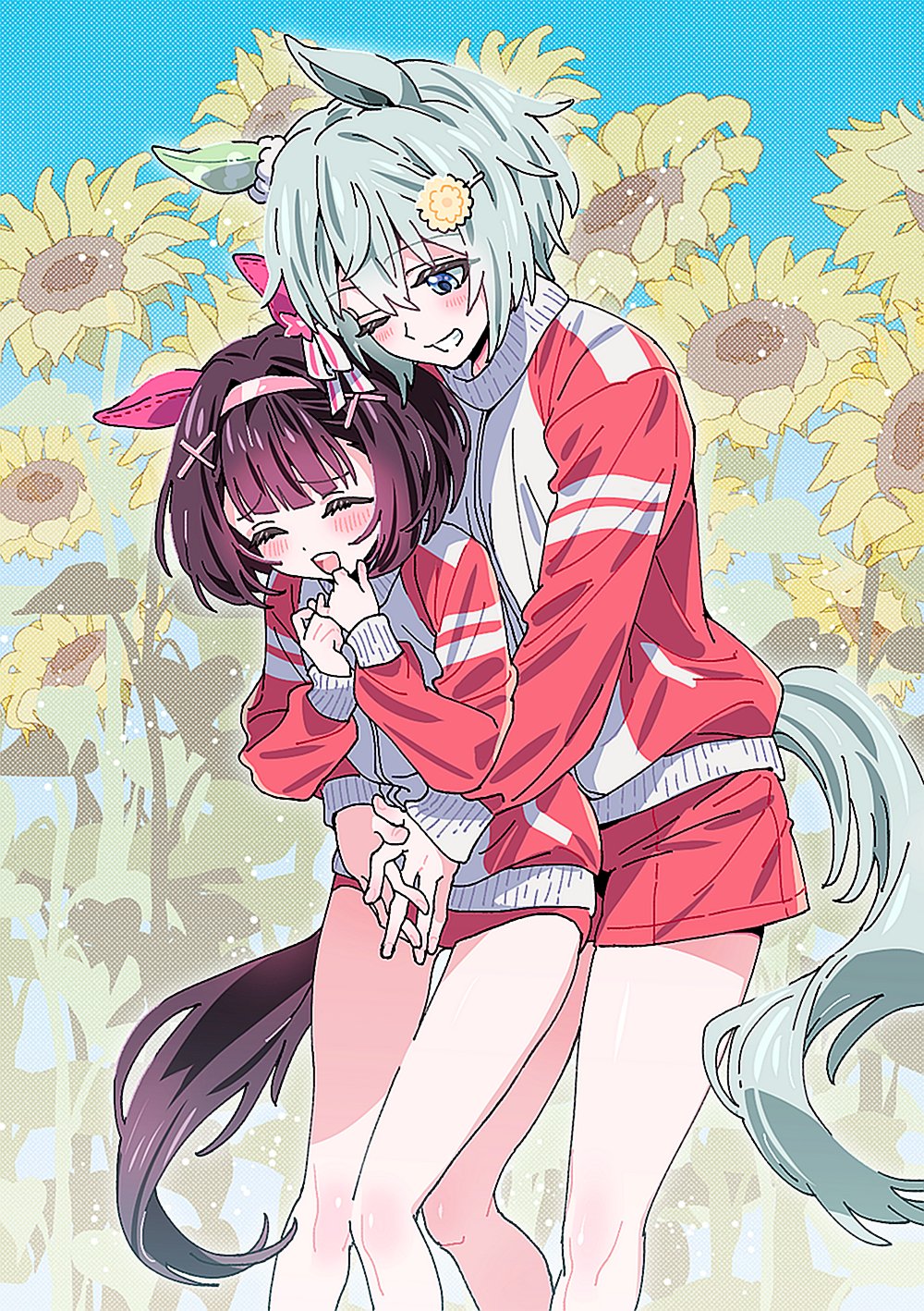 2girls, animal_ears, black_hair, blue_background, blue_eyes, blush, buruma, closed_eyes