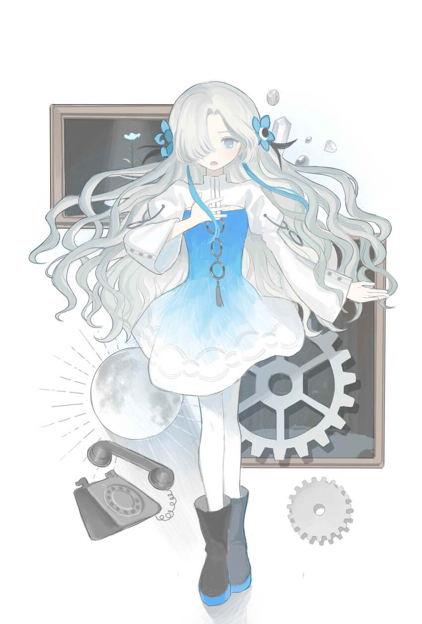 1girl, absurdres, antique_phone, black_boots, blue_dress, blue_eyes, blue_flower, blue_hair