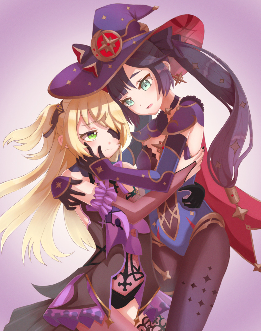 2girls, absurdres, bare_shoulders, bat_ornament, black_gloves, black_hair, black_ribbon, blonde_hair