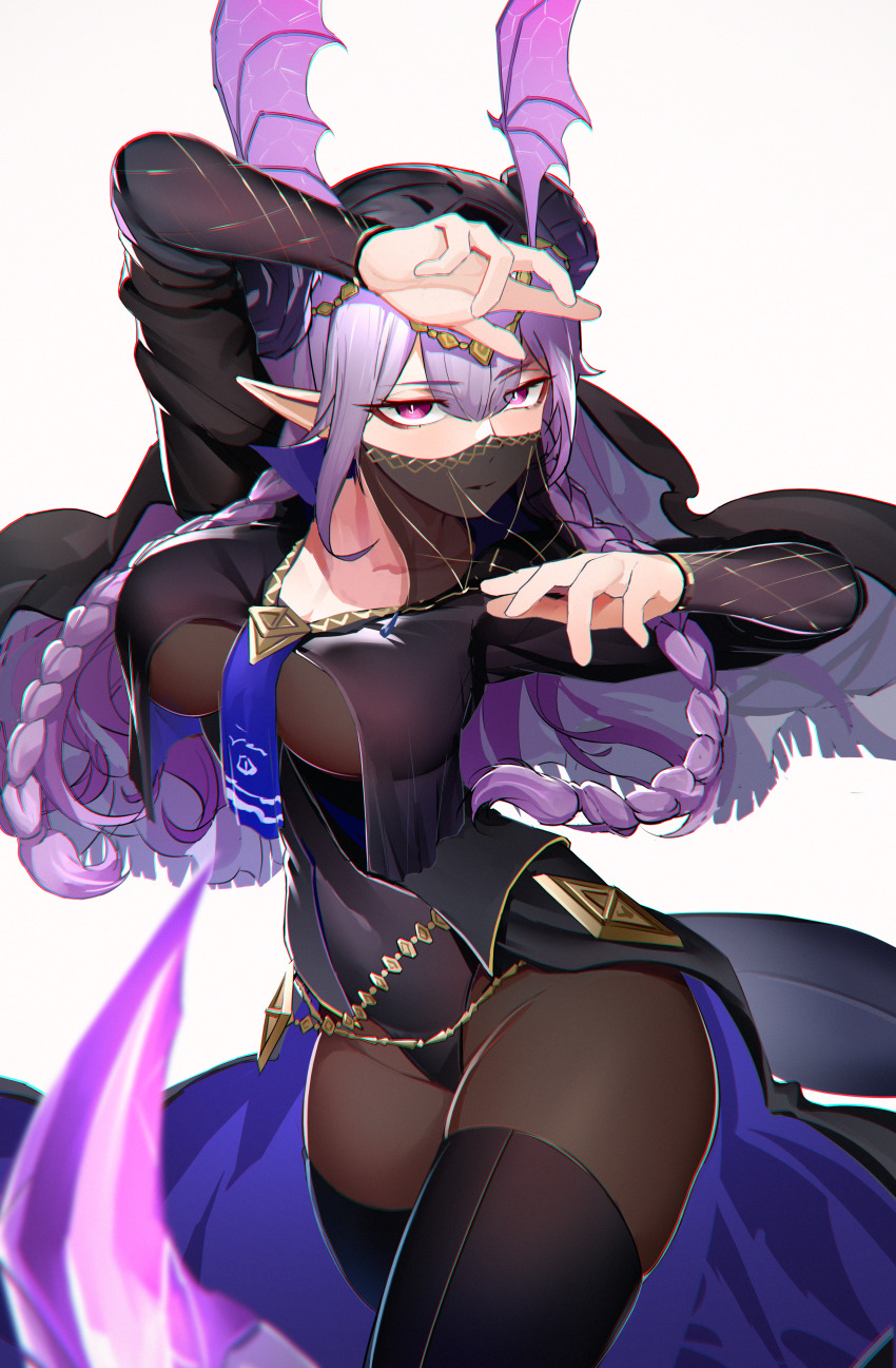 1girl, absurdres, arknights, arm_up, black_pantyhose, braid, breasts, commentary_request, cowboy_shot, dun_ji, grey_background, head_wings, highres, large_breasts, long_hair, looking_at_viewer, manticore_(arknights), manticore_(under_a_veil)_(arknights), mouth_veil, official_alternate_costume, pantyhose, pointy_ears, purple_eyes, purple_hair, simple_background, solo, standing, thighs, twin_braids, veil, very_long_hair, wings