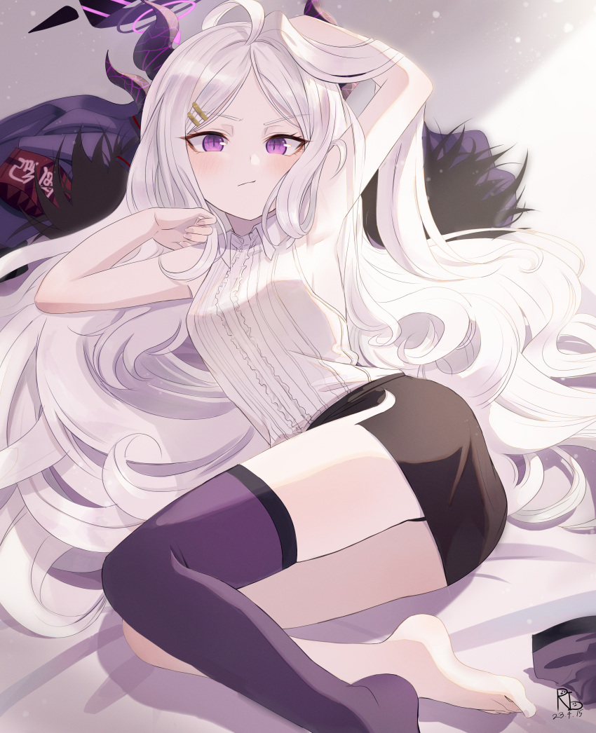 1girl, absurdres, ahoge, armpits, arms_behind_head, ass, barefoot, bed, bed_sheet, black_coat, black_skirt, black_thighhighs, blue_archive, coat, unworn_coat, collared_shirt, commentary_request, demon_girl, demon_horns, demon_wings, fur-trimmed_coat, fur_trim, gangbyeon, halo, hand_up, highres, hina_(blue_archive), horns, long_hair, looking_at_viewer, lying, official_alternate_costume, on_back, parted_bangs, pencil_skirt, purple_eyes, shirt, side_slit, sidelocks, single_thighhigh, skirt, sleeveless, sleeveless_shirt, soles, solo, thighhighs, toes, white_hair, white_shirt, wings, zettai_ryouiki