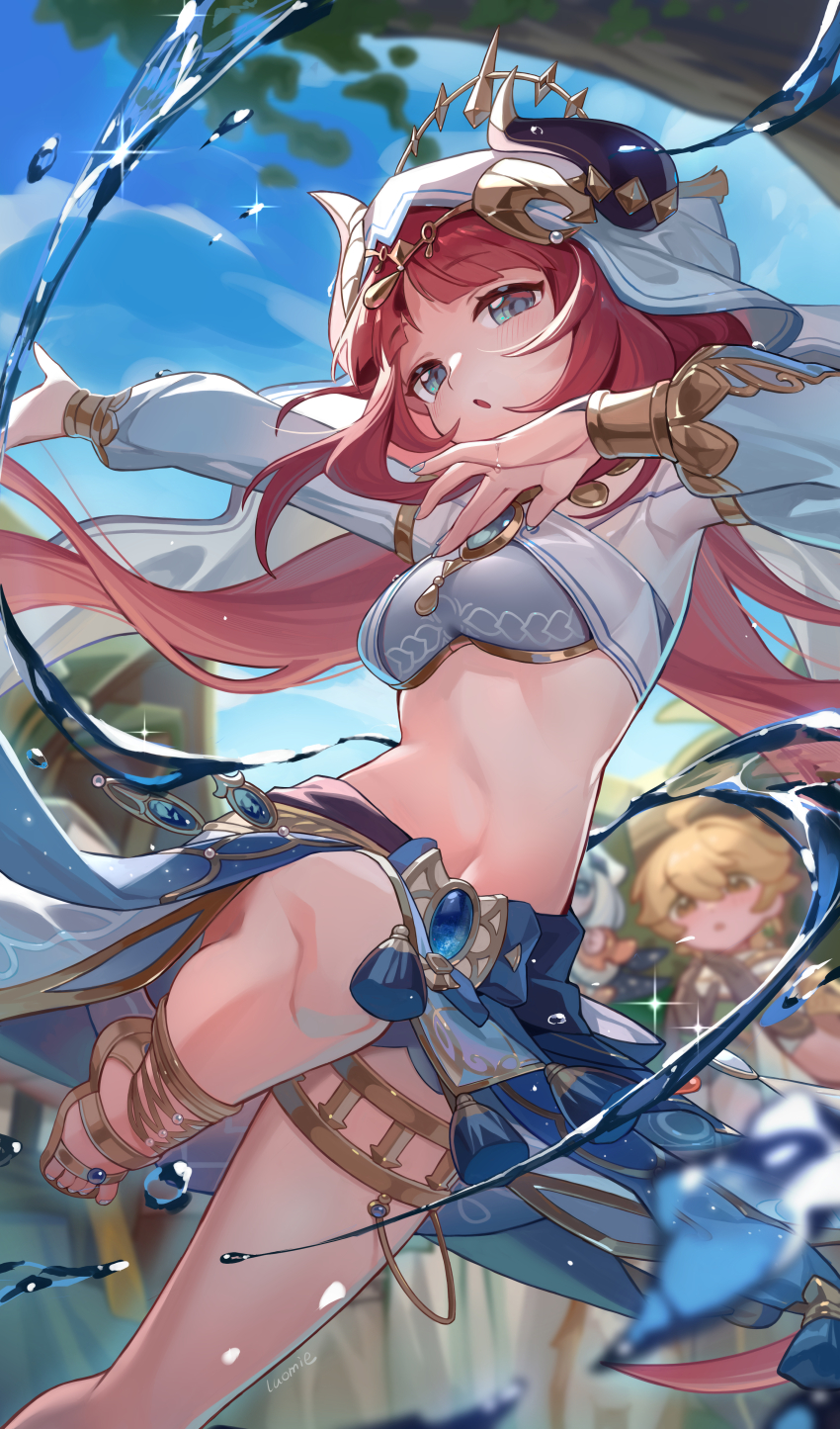 1boy, 2girls, absurdres, aether_(genshin_impact), birthday_miaoke, blue_eyes, blue_skirt, blue_sky, breasts, commentary_request, crop_top, day, fake_horns, foot_out_of_frame, genshin_impact, gladiator_sandals, highres, horns, jewelry, long_hair, long_sleeves, looking_at_viewer, medium_breasts, midriff, multiple_girls, navel, nilou_(genshin_impact), paimon_(genshin_impact), parted_lips, red_hair, sandals, skirt, sky, stomach, thighlet, veil, water