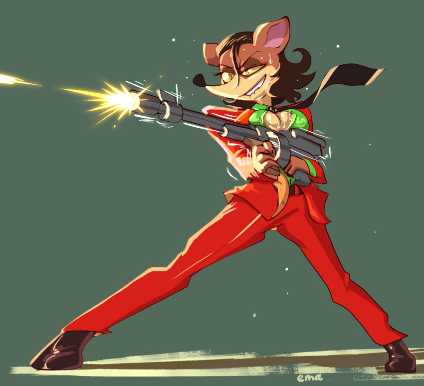 1girl, artist_name, brown_hair, colored_sclera, crash_bandicoot_(series), ema_npr, excited, firing, formal_clothes, furry, furry_female, genderswap, genderswap_(mtf), green_background, gun, highres, holding, holding_gun, holding_weapon, jacket, looking_to_the_side, machine_gun, medium_hair, necktie, open_clothes, open_jacket, open_shirt, pants, pinstripe_potoroo, red_jacket, red_pants, simple_background, solo, suit, sweat, sweatdrop, watermark, weapon, yellow_sclera