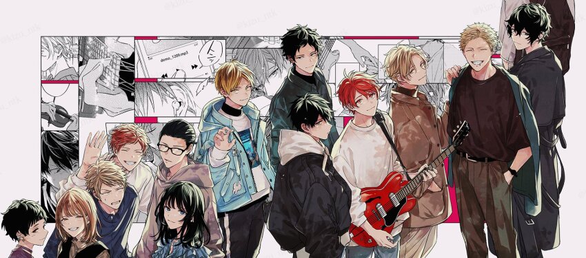 3girls, blue_jacket, character_request, collage, given, highres, itaya_shougo, jacket