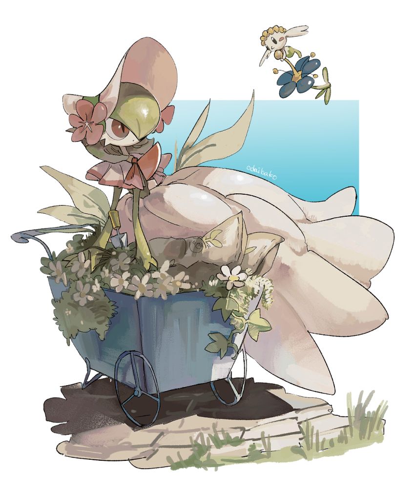 1girl, artist_name, black_eyes, blue_flower, blush, blush_stickers, bob_cut, bonnet