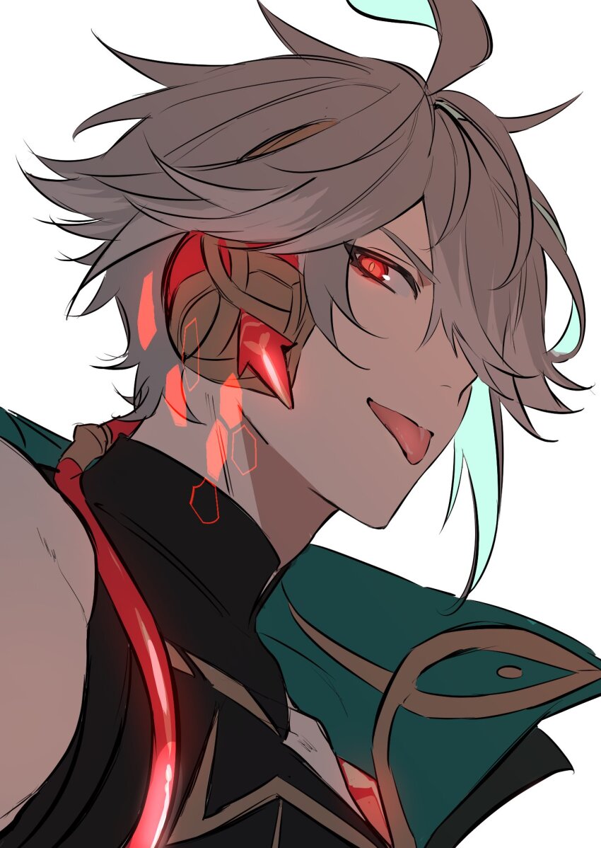 1boy, ahoge, alhaitham_(genshin_impact), aqua_hair, facing_to_the_side, genshin_impact, grey_background, grey_hair