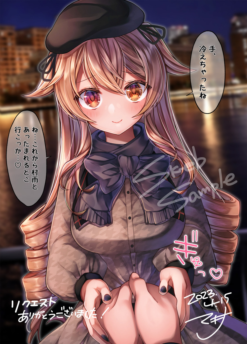 1girl, beret, black_headwear, black_nails, black_scarf, blurry, blurry_background, blush