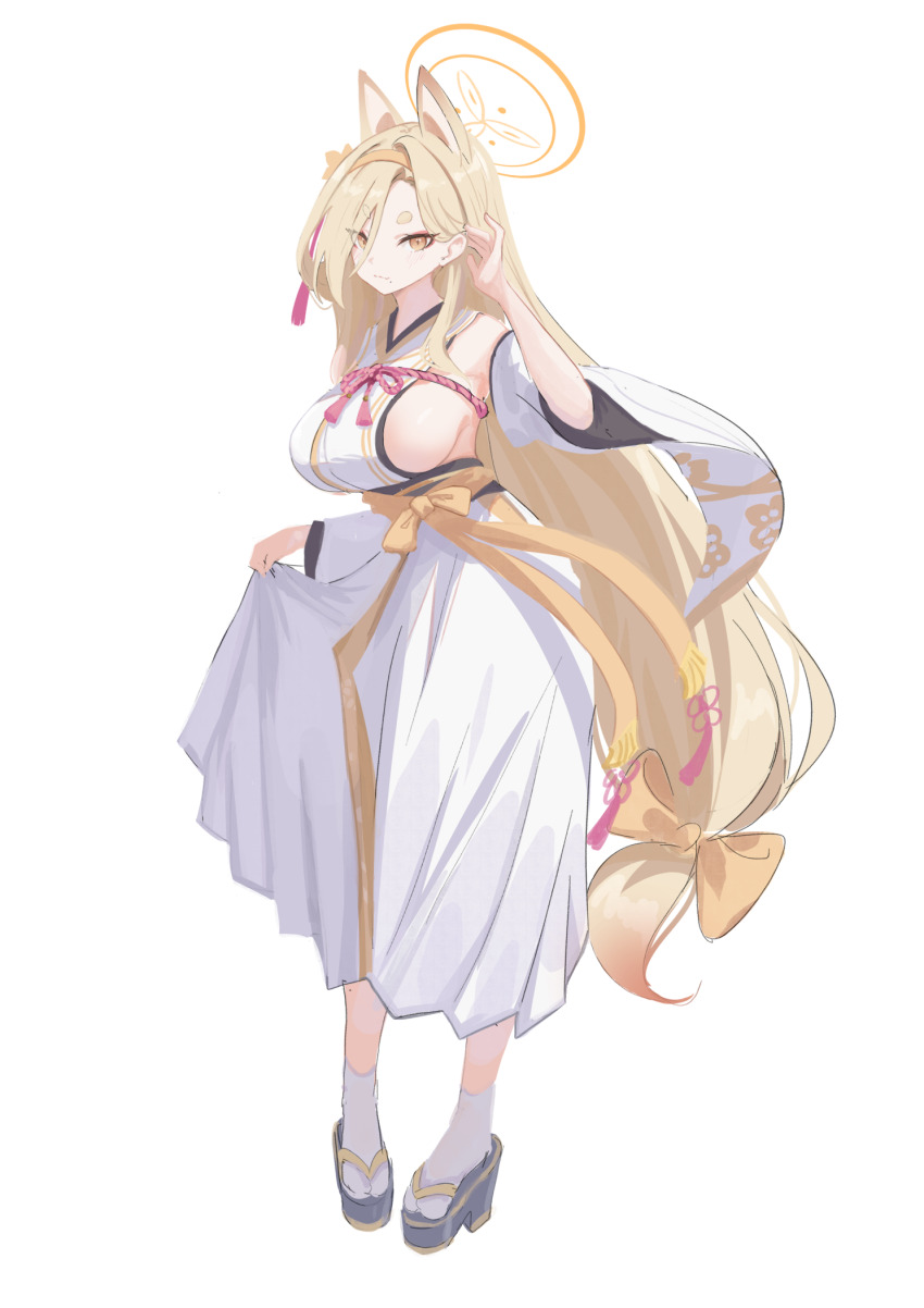 1girl, animal_ears, black_sandals, blonde_hair, blue_archive, bow, breasts, brown_bow