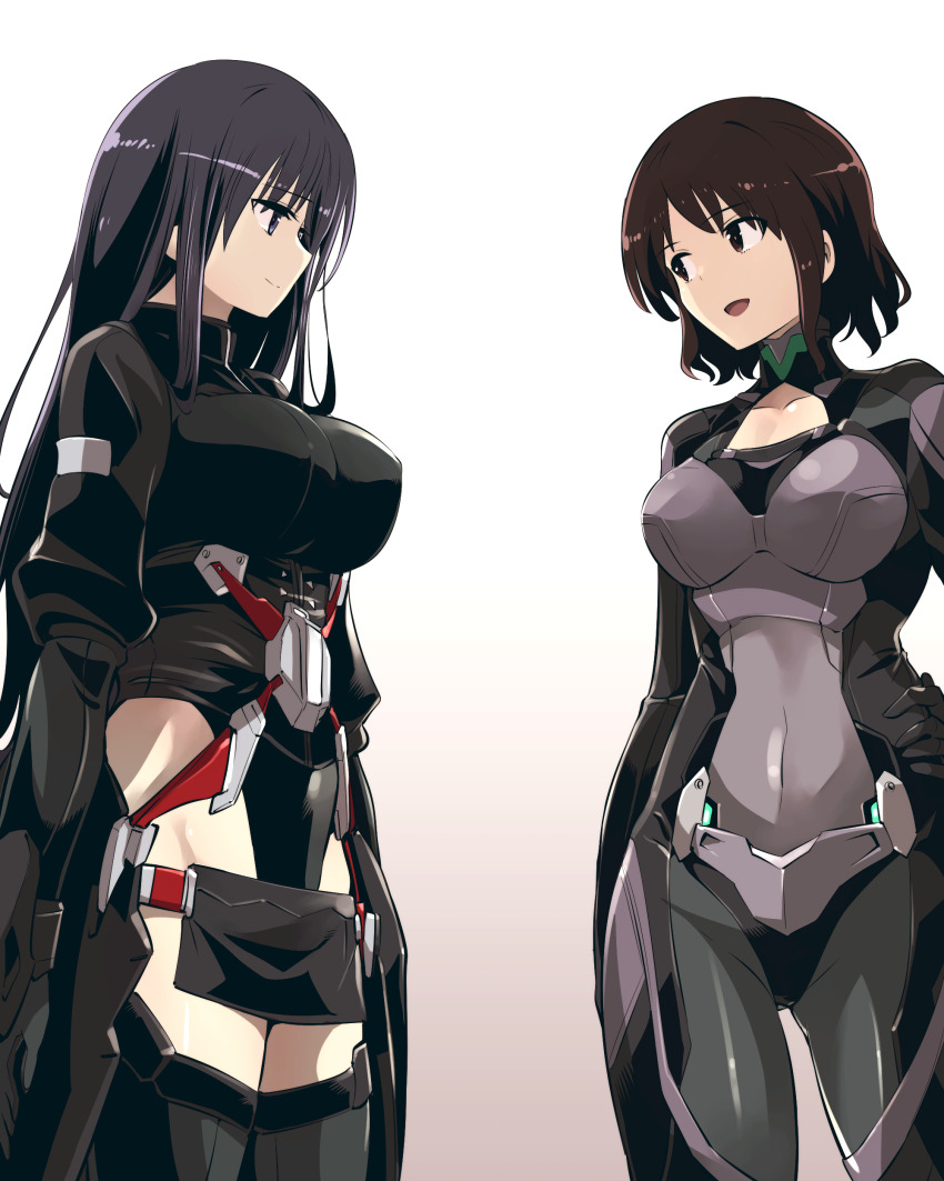 2girls, absurdres, alice_gear_aegis, black_eyes, black_gloves, black_hair, black_leotard, black_thighhighs