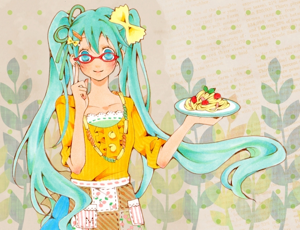 1girl, alternate_costume, apron, aqua_eyes, aqua_hair, bad_id, bad_pixiv_id, bespectacled, female_focus, food, food-themed_clothes, food_as_clothes, glasses, hair_ornament, hatsune_miku, jewelry, leaf, long_hair, necklace, noodles, pasta, plate, smile, solo, spaghetti, tomoshibi_rei, twintails, vocaloid, waist_apron