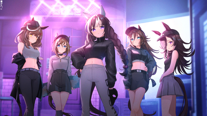 5girls, animal_ears, bare_shoulders, baseball_cap, belt, black_belt, black_headwear, black_jacket