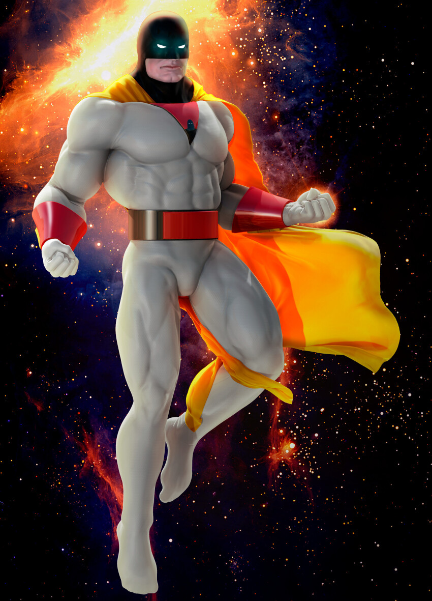 1boy, 3d, abs, absurdres, bara, bodysuit, cape, clenched_hand